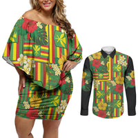 Hawaii Kanaka Maoli Hibiscus Couples Matching Off Shoulder Short Dress and Long Sleeve Button Shirt Hawaiian Flag Motif LT9 Green - Polynesian Pride