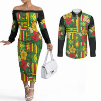 Hawaii Kanaka Maoli Hibiscus Couples Matching Off The Shoulder Long Sleeve Dress and Long Sleeve Button Shirt Hawaiian Flag Motif LT9 Green - Polynesian Pride