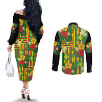 Hawaii Kanaka Maoli Hibiscus Couples Matching Off The Shoulder Long Sleeve Dress and Long Sleeve Button Shirt Hawaiian Flag Motif LT9 - Polynesian Pride