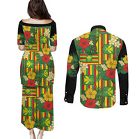 Hawaii Kanaka Maoli Hibiscus Couples Matching Puletasi and Long Sleeve Button Shirt Hawaiian Flag Motif
