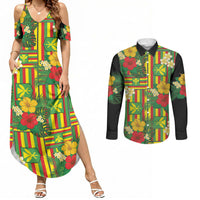 Hawaii Kanaka Maoli Hibiscus Couples Matching Summer Maxi Dress and Long Sleeve Button Shirt Hawaiian Flag Motif LT9 Green - Polynesian Pride