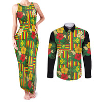 Hawaii Kanaka Maoli Hibiscus Couples Matching Tank Maxi Dress and Long Sleeve Button Shirt Hawaiian Flag Motif LT9 Green - Polynesian Pride