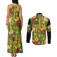 Hawaii Kanaka Maoli Hibiscus Couples Matching Tank Maxi Dress and Long Sleeve Button Shirt Hawaiian Flag Motif LT9 - Polynesian Pride