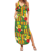 Hawaii Kanaka Maoli Hibiscus Family Matching Summer Maxi Dress and Hawaiian Shirt Hawaiian Flag Motif LT9 Mom's Dress Green - Polynesian Pride