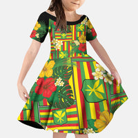 Hawaii Kanaka Maoli Hibiscus Family Matching Tank Maxi Dress and Hawaiian Shirt Hawaiian Flag Motif LT9 Daughter's Dress Green - Polynesian Pride