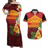 Hawaii Ku Kia'i Mauna Personalized Couples Matching Off Shoulder Maxi Dress and Hawaiian Shirt Hibiscus Kakau Pattern LT9 Red - Polynesian Pride