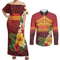 Hawaii Ku Kia'i Mauna Personalized Couples Matching Off Shoulder Maxi Dress and Long Sleeve Button Shirt Hibiscus Kakau Pattern LT9 Red - Polynesian Pride