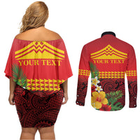 Hawaii Ku Kia'i Mauna Personalized Couples Matching Off Shoulder Short Dress and Long Sleeve Button Shirt Hibiscus Kakau Pattern LT9 - Polynesian Pride