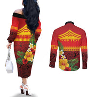 Hawaii Ku Kia'i Mauna Personalized Couples Matching Off The Shoulder Long Sleeve Dress and Long Sleeve Button Shirt Hibiscus Kakau Pattern LT9 - Polynesian Pride