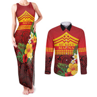 Hawaii Ku Kia'i Mauna Personalized Couples Matching Tank Maxi Dress and Long Sleeve Button Shirt Hibiscus Kakau Pattern LT9 Red - Polynesian Pride