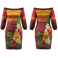 Hawaii Ku Kia'i Mauna Personalized Family Matching Off The Shoulder Long Sleeve Dress and Hawaiian Shirt Hibiscus Kakau Pattern LT9 Mom's Dress Red - Polynesian Pride