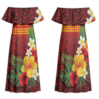 Hawaii Ku Kia'i Mauna Personalized Family Matching Off Shoulder Maxi Dress and Hawaiian Shirt Hibiscus Kakau Pattern LT9 Mom's Dress Red - Polynesian Pride