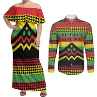 Hawaii Ku Kia'i Mauna Personalized Couples Matching Off Shoulder Maxi Dress and Long Sleeve Button Shirt Hawaiian Kanaka Maoli Motif LT9 Green - Polynesian Pride