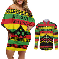 Hawaii Ku Kia'i Mauna Personalized Couples Matching Off Shoulder Short Dress and Long Sleeve Button Shirt Hawaiian Kanaka Maoli Motif LT9 Green - Polynesian Pride