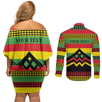 Hawaii Ku Kia'i Mauna Personalized Couples Matching Off Shoulder Short Dress and Long Sleeve Button Shirt Hawaiian Kanaka Maoli Motif LT9 - Polynesian Pride