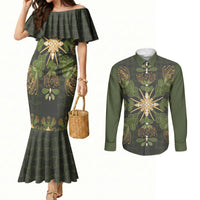 Hawaii Ohia Lehua Squares Couples Matching Mermaid Dress and Long Sleeve Button Shirt Hawaiian Quilt Inspired Floral Pattern LT9 Green - Polynesian Pride