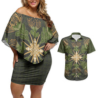 Hawaii Ohia Lehua Squares Couples Matching Off Shoulder Short Dress and Hawaiian Shirt Hawaiian Quilt Inspired Floral Pattern LT9 Green - Polynesian Pride