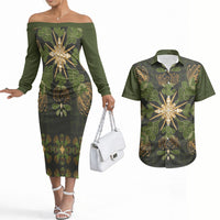Hawaii Ohia Lehua Squares Couples Matching Off The Shoulder Long Sleeve Dress and Hawaiian Shirt Hawaiian Quilt Inspired Floral Pattern LT9 Green - Polynesian Pride