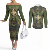 Hawaii Ohia Lehua Squares Couples Matching Off The Shoulder Long Sleeve Dress and Long Sleeve Button Shirt Hawaiian Quilt Inspired Floral Pattern LT9 Green - Polynesian Pride