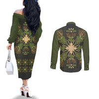 Hawaii Ohia Lehua Squares Couples Matching Off The Shoulder Long Sleeve Dress and Long Sleeve Button Shirt Hawaiian Quilt Inspired Floral Pattern LT9 - Polynesian Pride