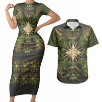 Hawaii Ohia Lehua Squares Couples Matching Short Sleeve Bodycon Dress and Hawaiian Shirt Hawaiian Quilt Inspired Floral Pattern LT9 Green - Polynesian Pride