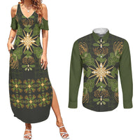 Hawaii Ohia Lehua Squares Couples Matching Summer Maxi Dress and Long Sleeve Button Shirt Hawaiian Quilt Inspired Floral Pattern