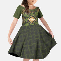 Hawaii Ohia Lehua Squares Family Matching Off Shoulder Short Dress and Hawaiian Shirt Hawaiian Quilt Inspired Floral Pattern LT9 Daughter's Dress Green - Polynesian Pride
