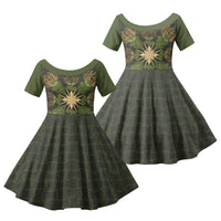 Hawaii Ohia Lehua Squares Family Matching Puletasi and Hawaiian Shirt Hawaiian Quilt Inspired Floral Pattern LT9 Daughter's Dress Green - Polynesian Pride