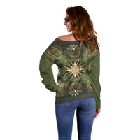 Hawaii Ohia Lehua Squares Off Shoulder Sweater Hawaiian Quilt Inspired Floral Pattern