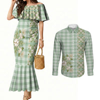 Liko Kukui Hawai'i Palaka Squares Maile Leaf Couples Matching Mermaid Dress and Long Sleeve Button Shirt Flowers Hawaiian Quilt Patterns