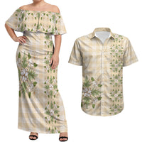 Melemele Ahiahia Hawai'i Palaka Squares Maile Leaf Couples Matching Off Shoulder Maxi Dress and Hawaiian Shirt Flowers Hawaiian Quilt Patterns