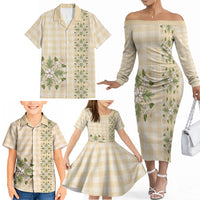 Melemele Ahiahia Hawai'i Palaka Squares Maile Leaf Family Matching Off The Shoulder Long Sleeve Dress and Hawaiian Shirt Flowers Hawaiian Quilt Patterns