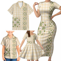 Melemele Ahiahia Hawai'i Palaka Squares Maile Leaf Family Matching Short Sleeve Bodycon Dress and Hawaiian Shirt Flowers Hawaiian Quilt Patterns
