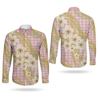 Akala Hamele Palaka Plumeria Couples Matching Long Sleeve Bodycon Dress and Long Sleeve Button Shirt Puakenikeni and Maile Lei