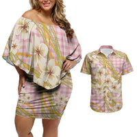 Akala Hamele Palaka Plumeria Couples Matching Off Shoulder Short Dress and Hawaiian Shirt Puakenikeni and Maile Lei