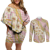 Akala Hamele Palaka Plumeria Couples Matching Off Shoulder Short Dress and Long Sleeve Button Shirt Puakenikeni and Maile Lei