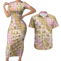 Akala Hamele Palaka Plumeria Couples Matching Short Sleeve Bodycon Dress and Hawaiian Shirt Puakenikeni and Maile Lei