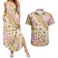 Akala Hamele Palaka Plumeria Couples Matching Summer Maxi Dress and Hawaiian Shirt Puakenikeni and Maile Lei