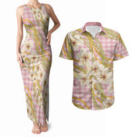 Akala Hamele Palaka Plumeria Couples Matching Tank Maxi Dress and Hawaiian Shirt Puakenikeni and Maile Lei