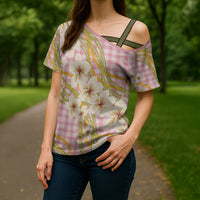 Akala Hamele Palaka Plumeria Cross Shoulder Shirt Puakenikeni and Maile Lei