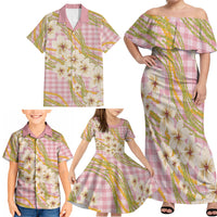 Akala Hamele Palaka Plumeria Family Matching Off Shoulder Maxi Dress and Hawaiian Shirt Puakenikeni and Maile Lei