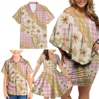 Akala Hamele Palaka Plumeria Family Matching Off Shoulder Short Dress and Hawaiian Shirt Puakenikeni and Maile Lei