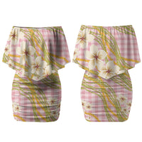 Akala Hamele Palaka Plumeria Family Matching Off Shoulder Short Dress and Hawaiian Shirt Puakenikeni and Maile Lei
