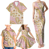 Akala Hamele Palaka Plumeria Family Matching Tank Maxi Dress and Hawaiian Shirt Puakenikeni and Maile Lei