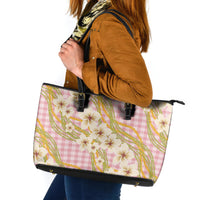 Akala Hamele Palaka Plumeria Leather Tote Bag Puakenikeni and Maile Lei