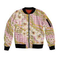 Akala Hamele Palaka Plumeria Sleeve Zip Bomber Jacket Puakenikeni and Maile Lei