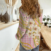 Akala Hamele Palaka Plumeria Women Casual Shirt Puakenikeni and Maile Lei
