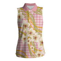 Akala Hamele Palaka Plumeria Women Sleeveless Polo Shirt Puakenikeni and Maile Lei