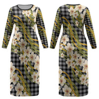 Ele'ele Hawai'i Palaka Plumeria Couples Matching Long Sleeve Bodycon Dress and Long Sleeve Button Shirt Puakenikeni and Maile Lei