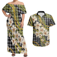 Ele'ele Hawai'i Palaka Plumeria Couples Matching Off Shoulder Maxi Dress and Hawaiian Shirt Puakenikeni and Maile Lei